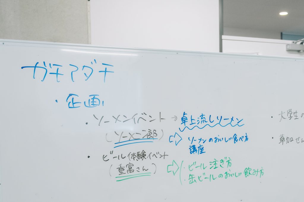 「Gachi Adachi Club」木曜スタッフの「文教大学 青木ゼミ」の企画出しのホワイトボード